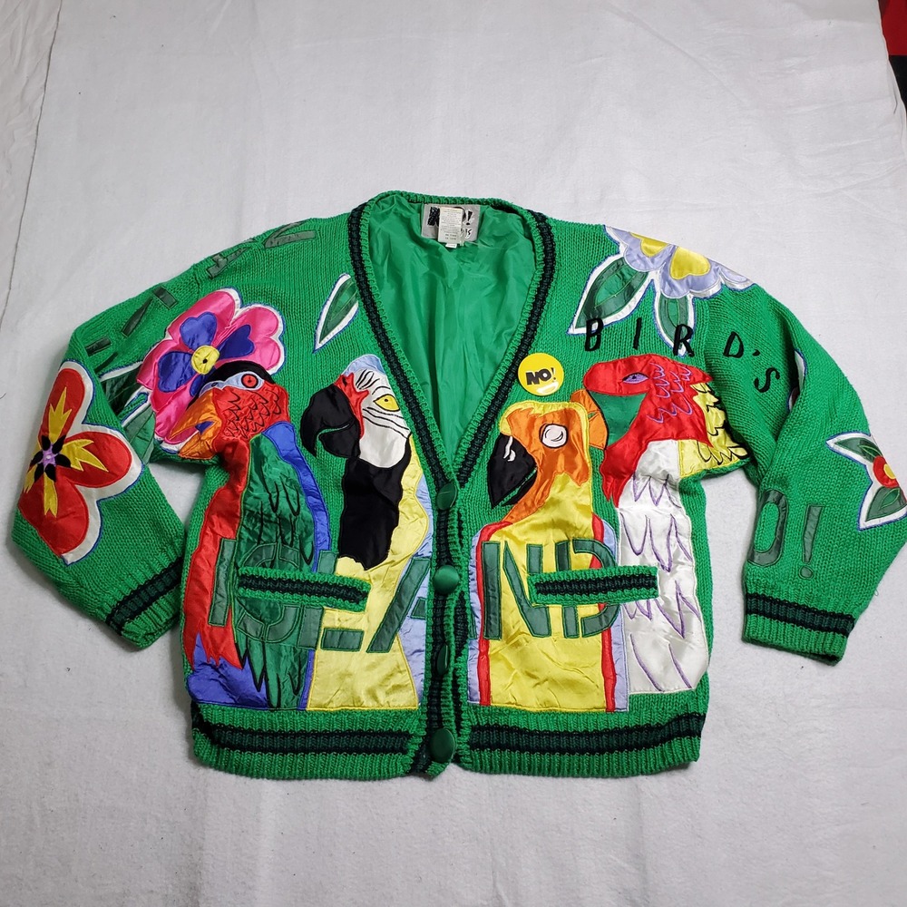 NO! Jeans Womens Cardigan Sweater Green Tropical Parrot Bird Nature One Size